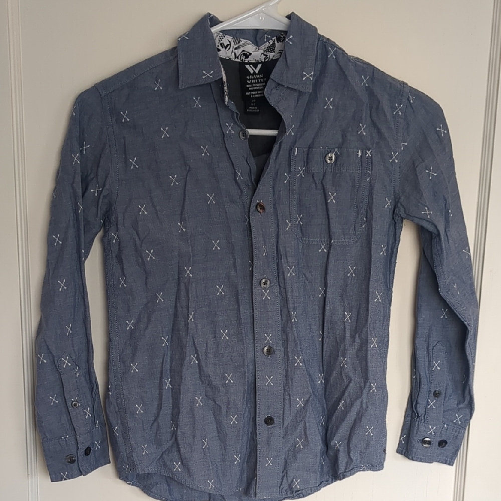 Shaun White Blue Button-Down Shirt with White Cross-Stitch
